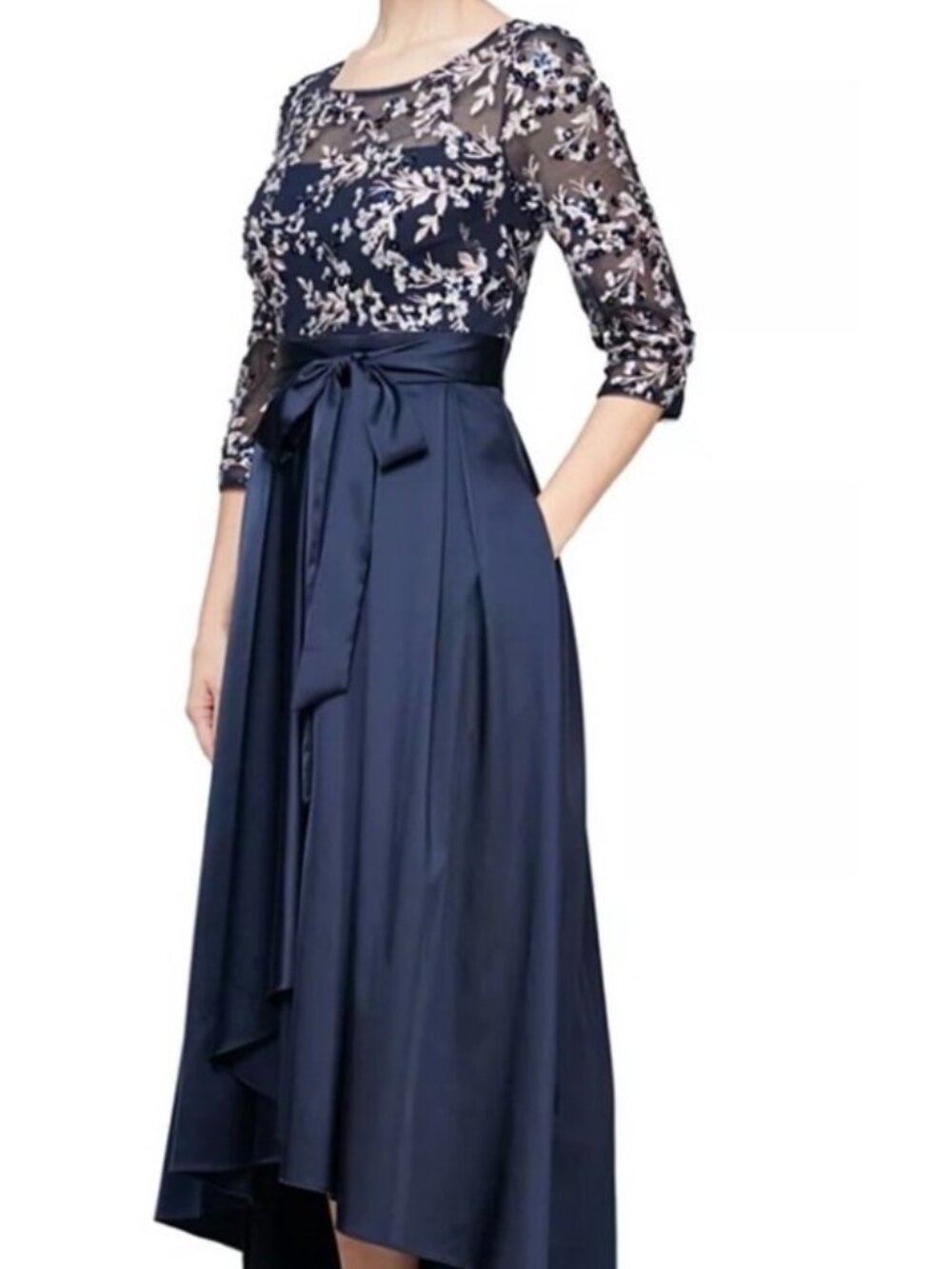 NWT Alex Evenings Navy Blue Sequin Floral Embroidered Satin Tie Waist. Size 12